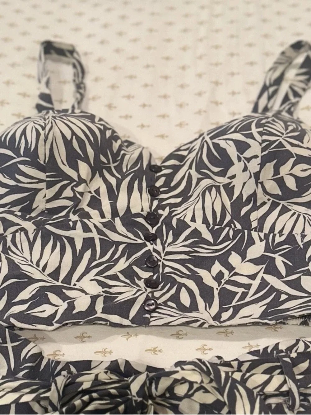 Black and White Leaf Print Crop Top and Shorts Set
